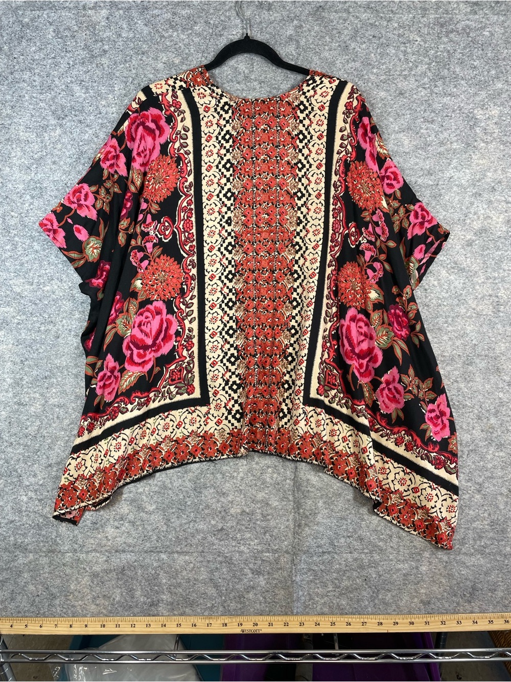 Angie Floral Boho Kimono Cardigan Black Pink Festival Resort Layering Size M - Picture 3 of 14